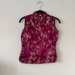 Vintage-Style Sleeveless Mandarin Collar Floral Brocade Top - Burgundy & Gold